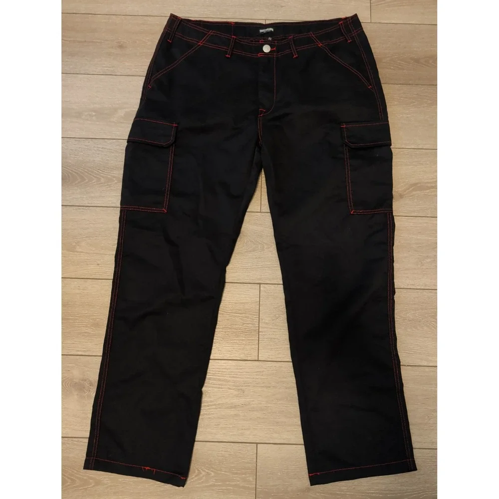 True Religion Men's Baggy Cargo Pants 108335 Size 38 Jet Black Red Stitching NWT